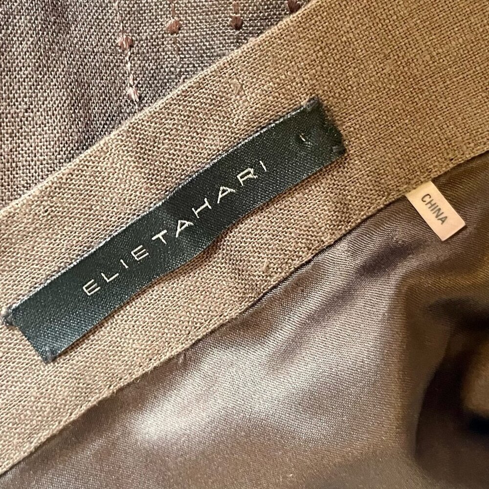 Elie Tahari Brown Linen Skirt with Embroidered Hem 6 - Picture 4 of 9